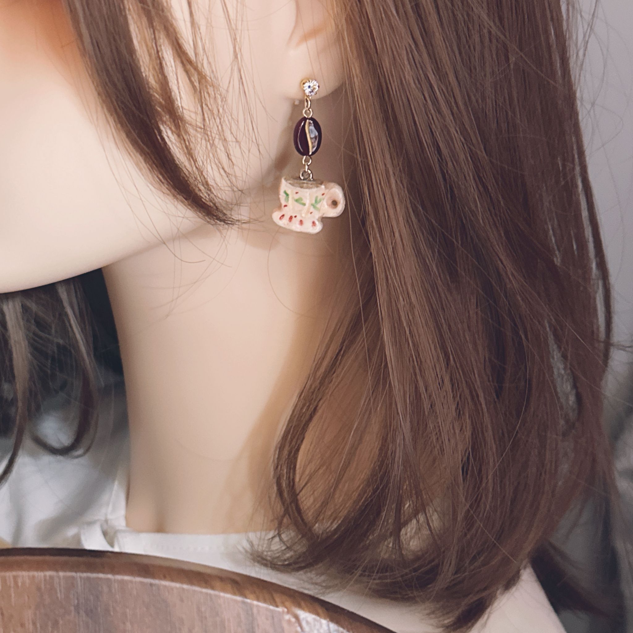 手繪復古咖啡壺咖啡杯耳環