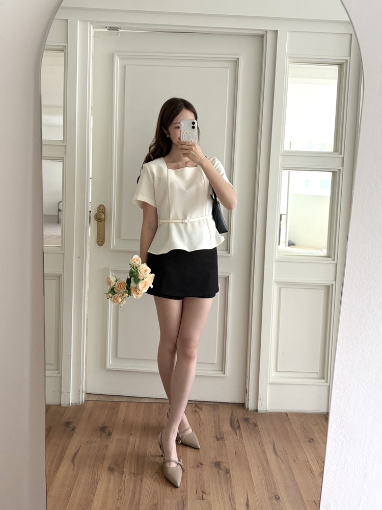 Square Neck Belted Blouse (Ivory)