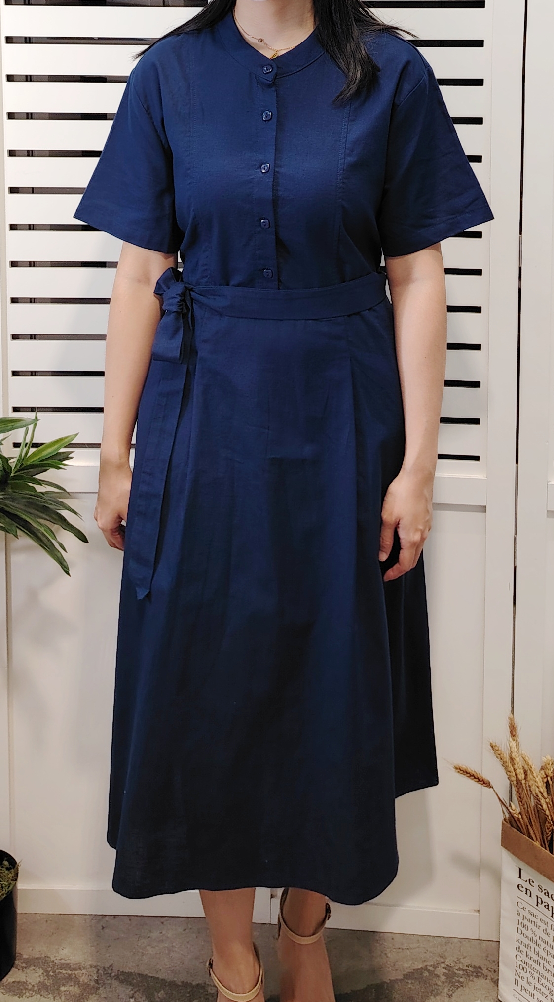 H5423 Cotton Linen Dress Half Button 