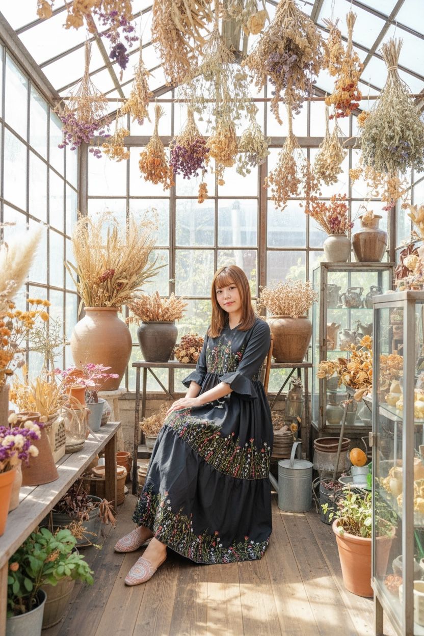 1671 Black Overlap V-Neck Floral Emb. OP 46.5"