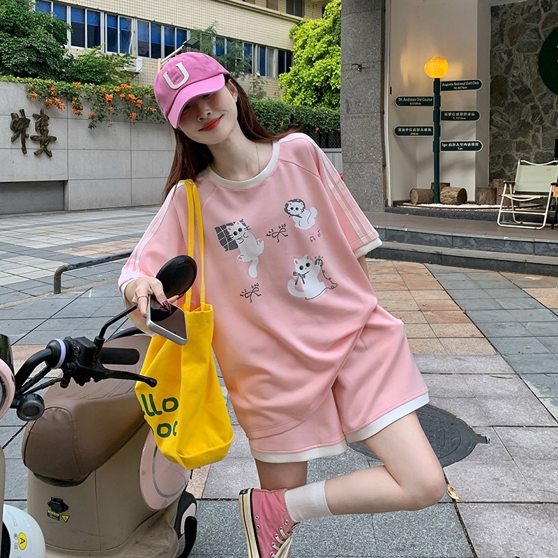 B287(569311) 韩系温柔休闲风小猫印花上衣与短裤粉蓝套装