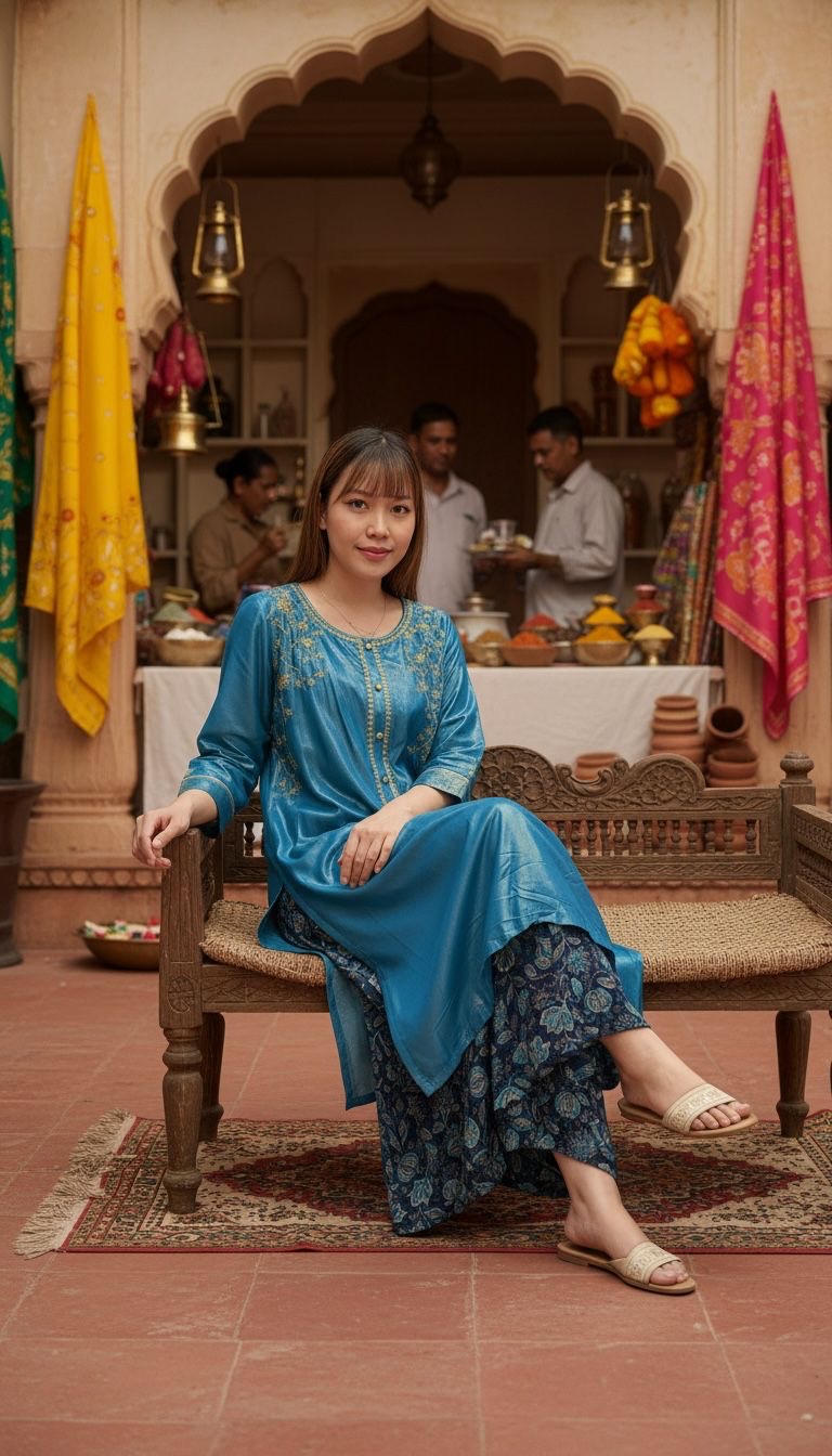 2216 Silky Blue with Golden Emb. Kurta