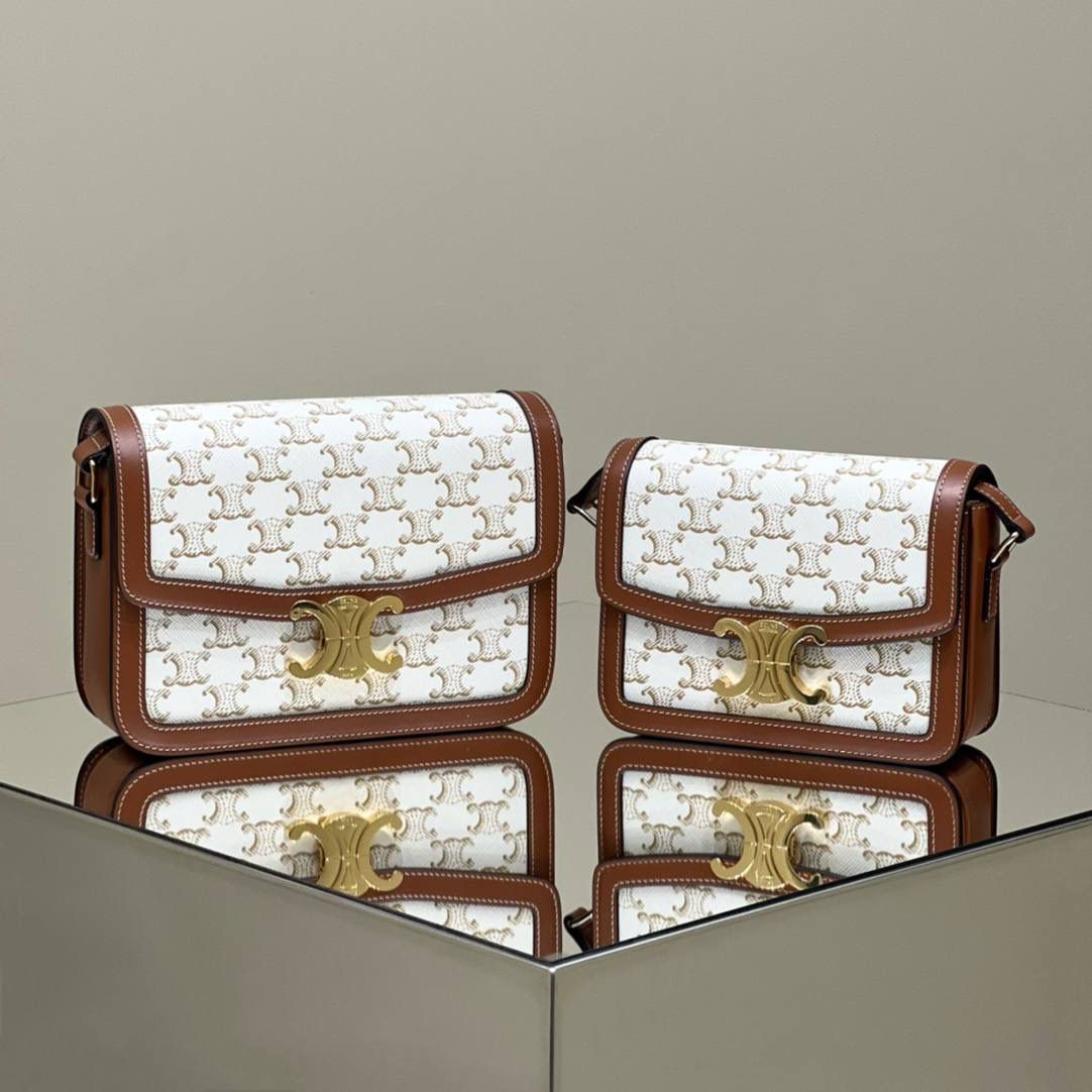 🔥大货实拍图 𝗖𝗘𝗟𝗜𝗡𝗘 ♥ 𝗧𝗥𝗜𝗢𝗠𝗣𝗛𝗘 𝗕𝗢𝗫 型号：191242 中号尺寸：22.5*16*7cm 小号尺寸：18.5*14*6cm 凯旋门自发行以来就一直火的一塌糊涂，最开始的老花到纯色到帆布，这只帆布真的太好看了，超级清新！