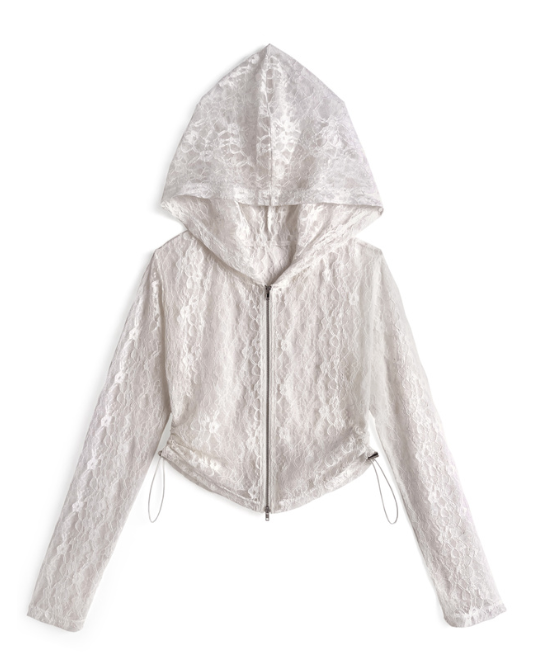 蕾絲連帽拉鍊外套 [ru1345]