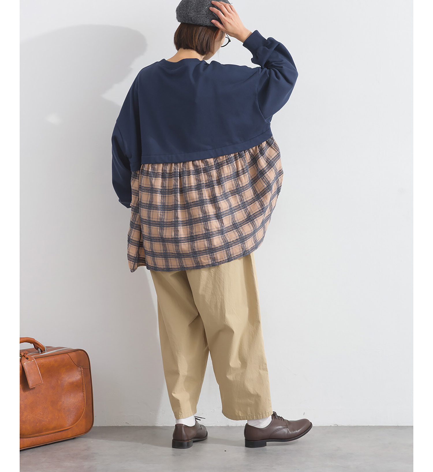 LP - 格子短擺長袖上衣 (深藍色)