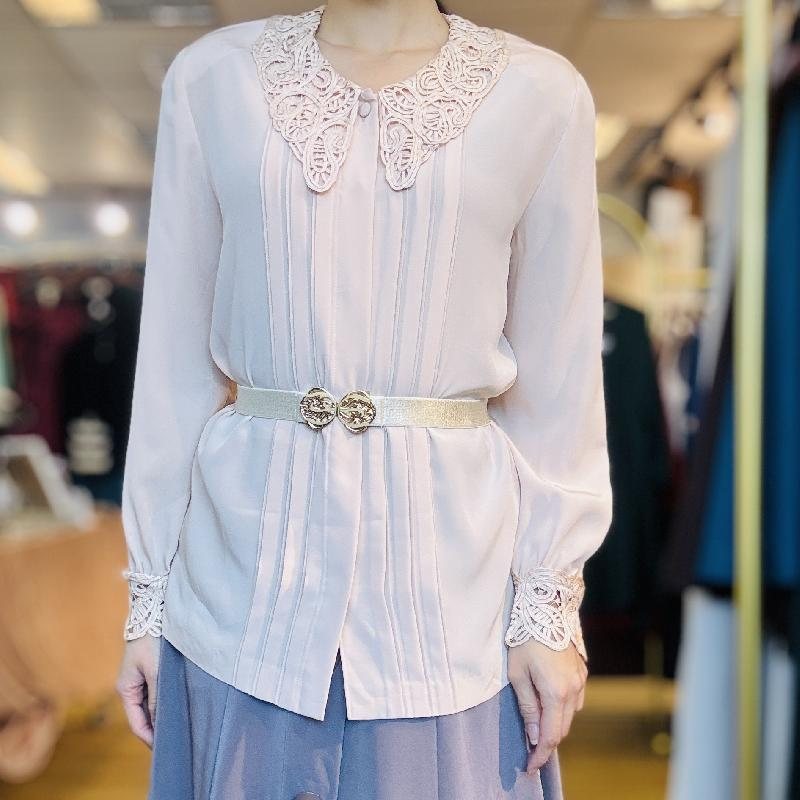 Vintage Japanese Pale Pink Soutache Collar and Cuff Accent Blouse Shirt (PP001-7)