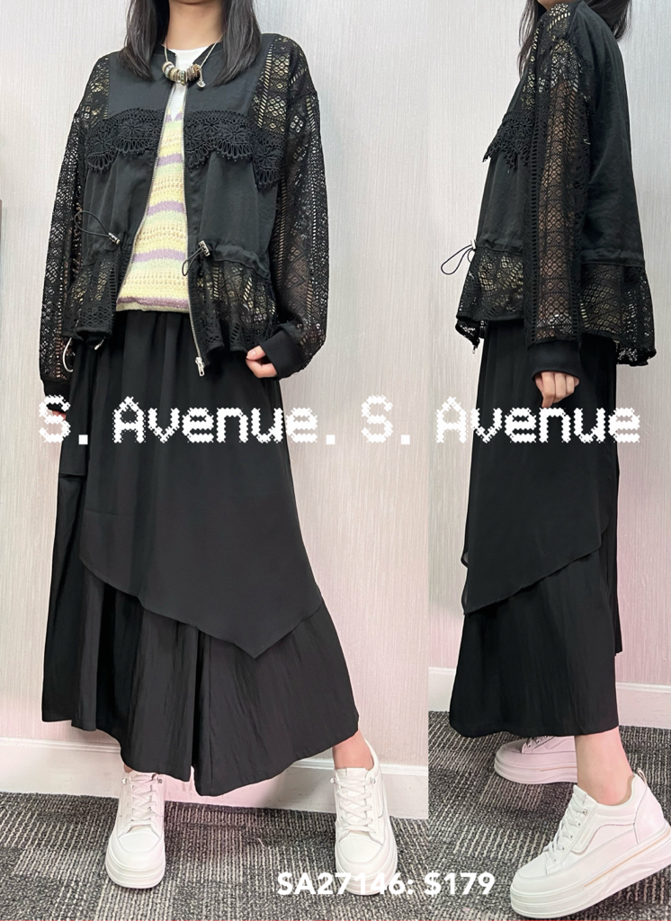 SA27146: 長袖拼lace勾花拉錬外套