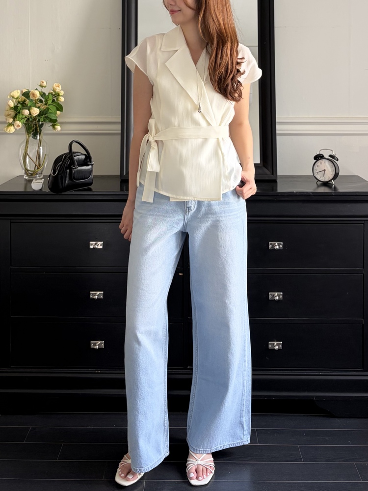 Silky Belted Wrap Blouse (Ivory)
