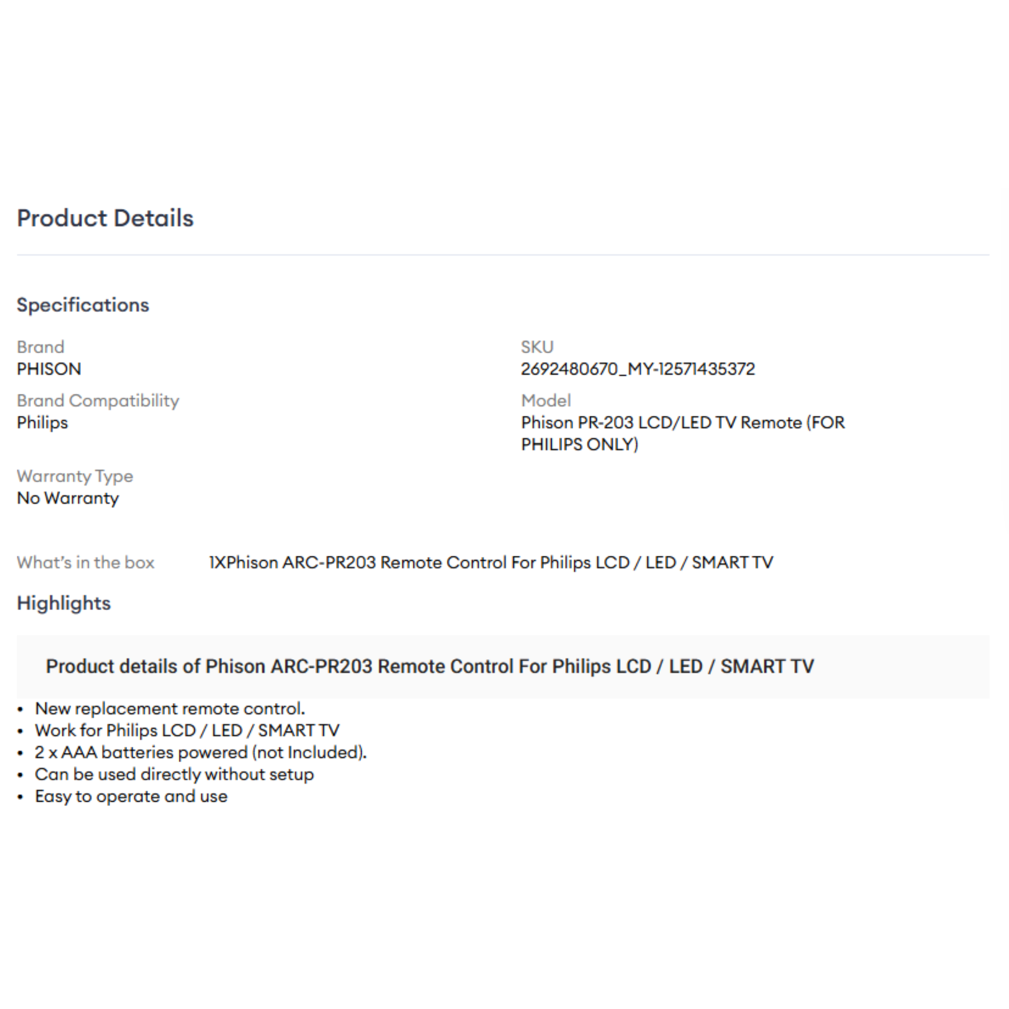 Phison TV Remote Control for Philips PR-203