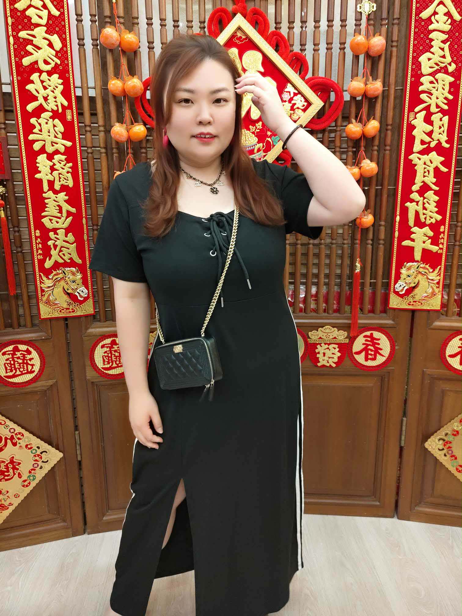 NJN07 TW#5578 黑色前绑带长连衣裙