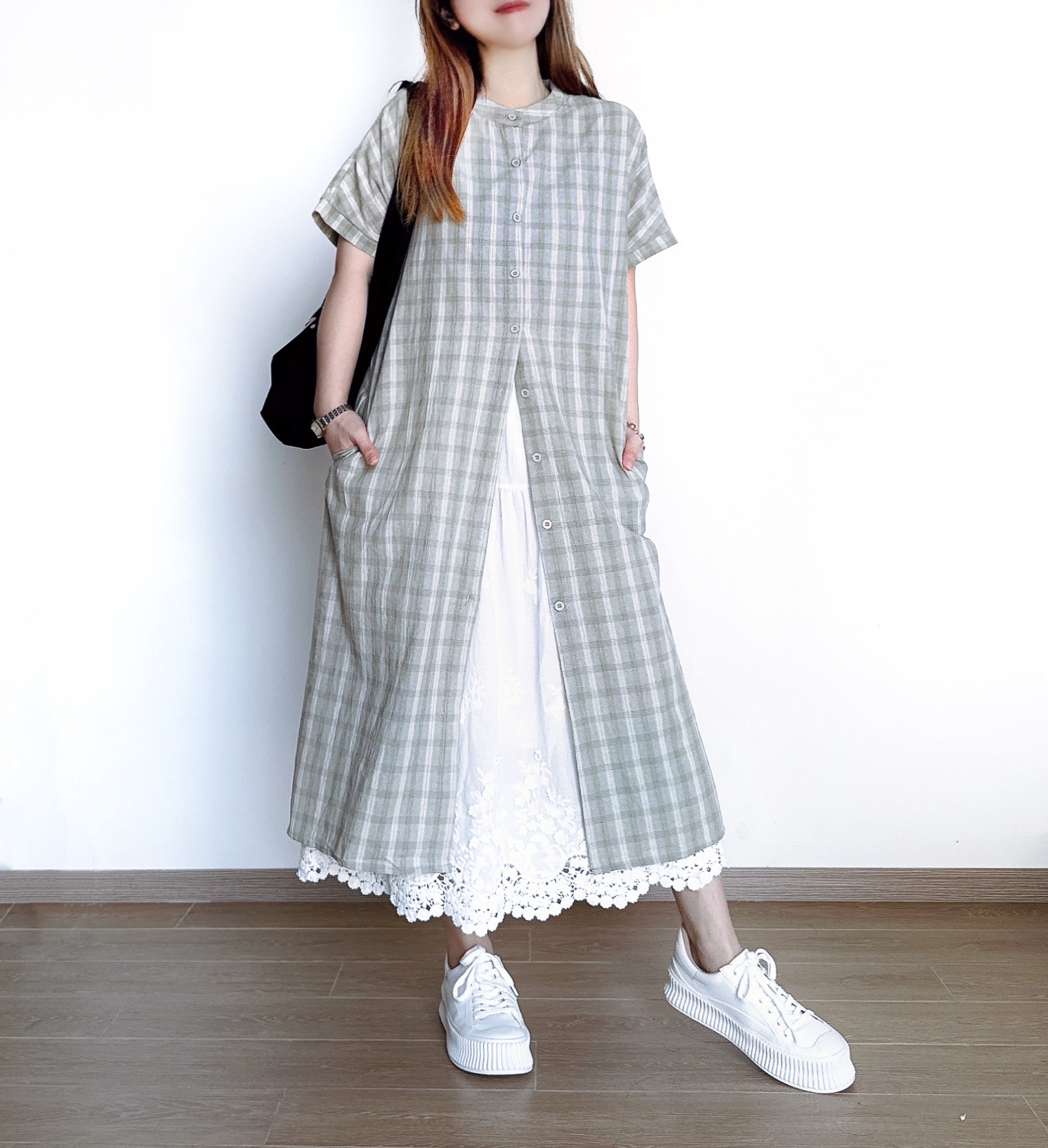 日系豆綠格紋Ops