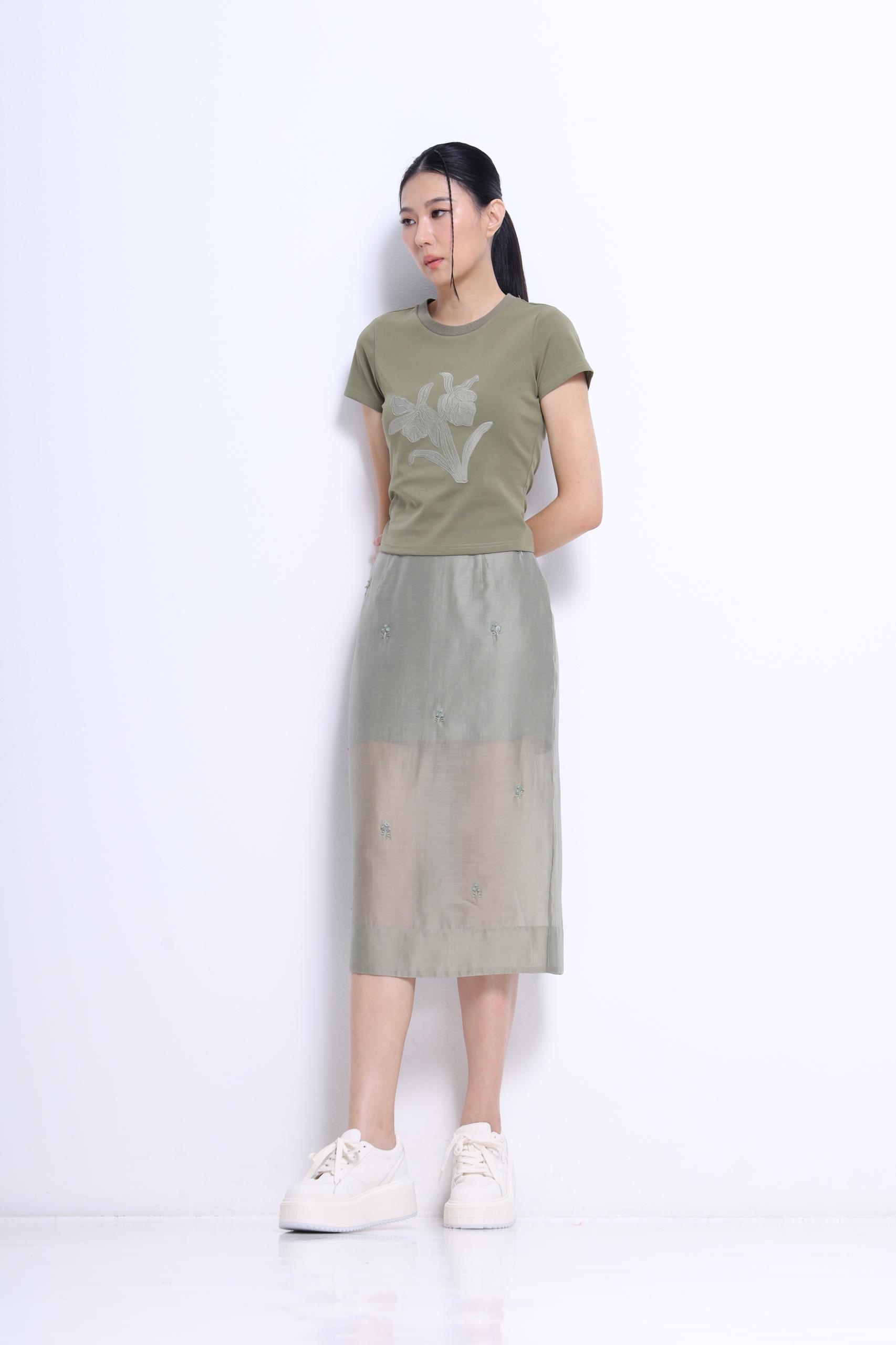 CS1447 Elara Sheer Embroidered Midi Skirt