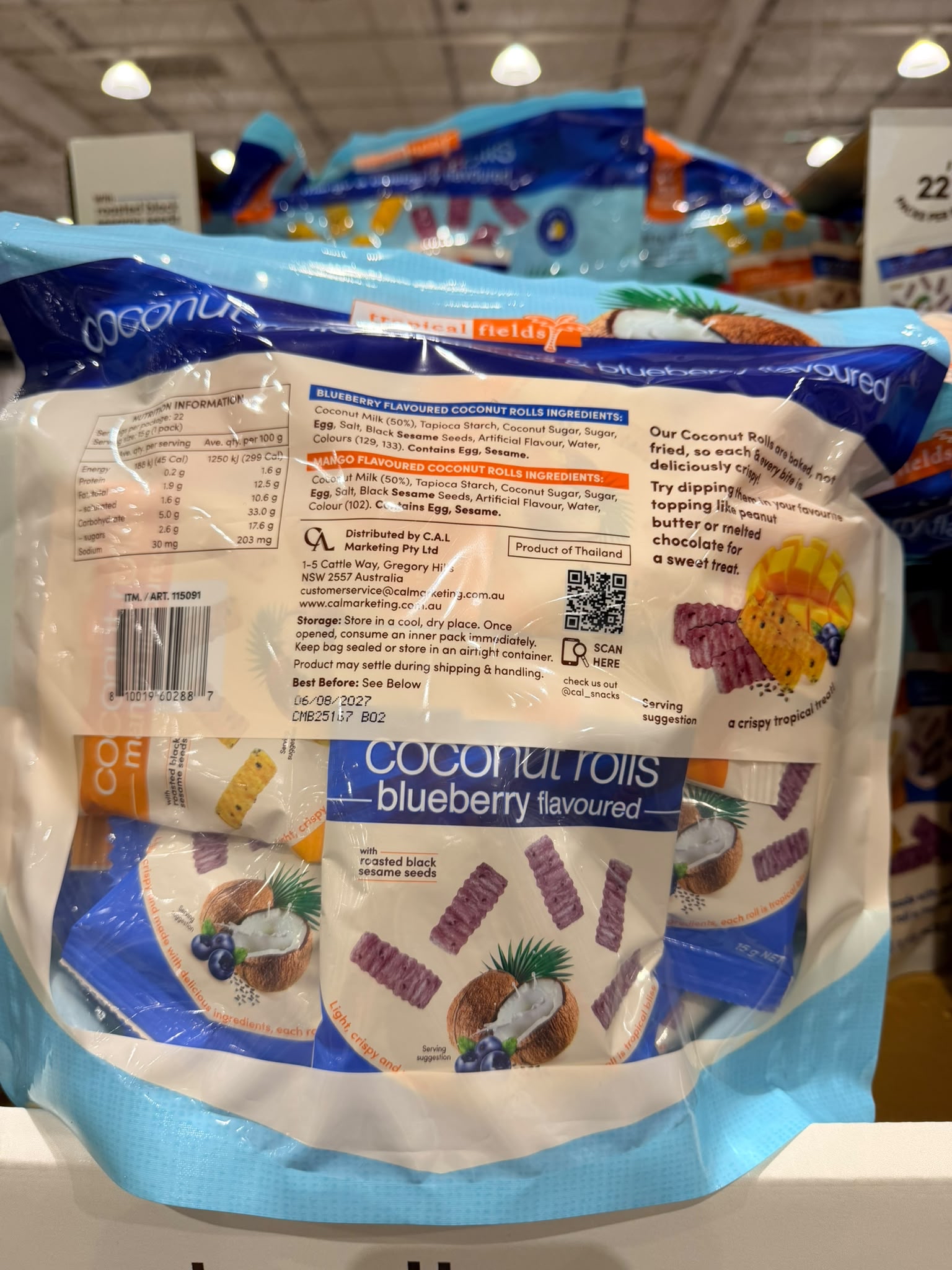澳洲Costco  Tropical Fields Coconut Rolls 藍莓椰子卷+芒果椰子卷 Multipack 22 x 15G 