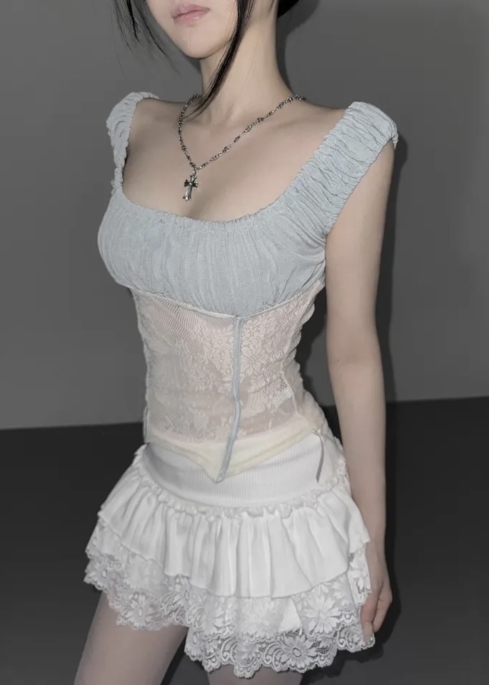 Ruched Sheer Lace Panel Corset Top