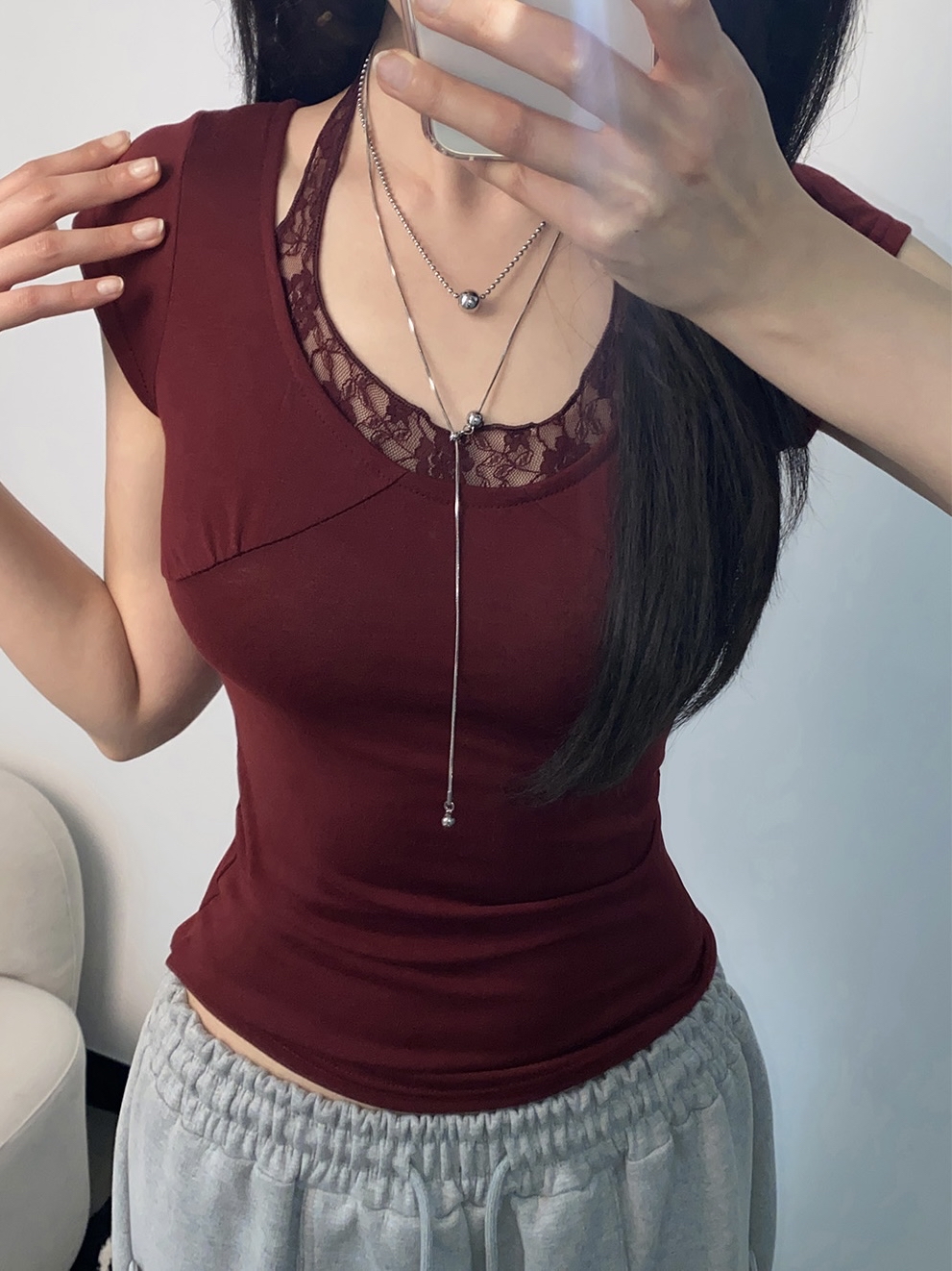 Lace-Trim Halter Layered Top