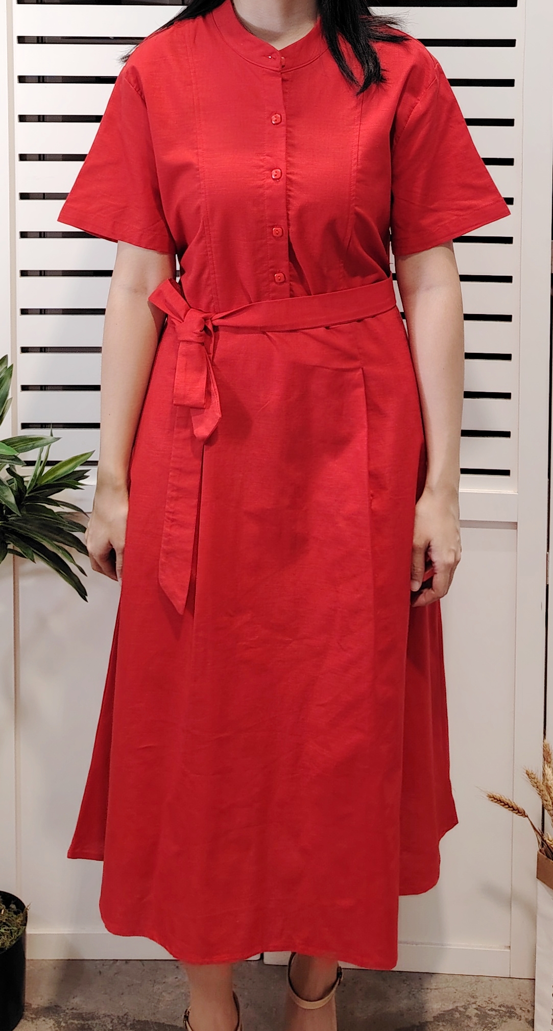H5423 Cotton Linen Dress Half Button 