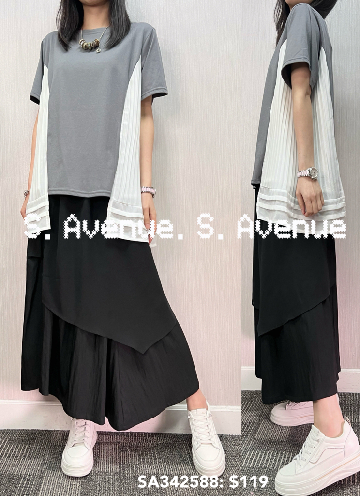 SA342588: 短袖側拼白色壓撍雪紡A字tee