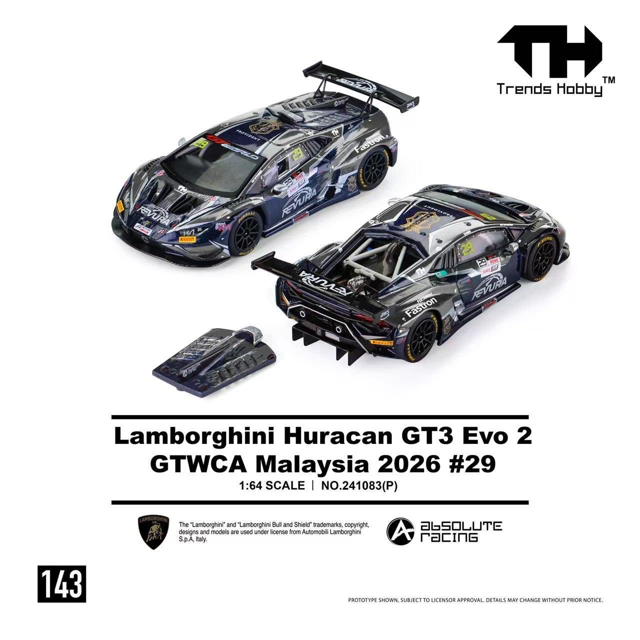 (預訂 Pre Order) Trends Hobby (241083(P)) 1/64 Lamborghini Huracan GT3 EVO2 GTWCA Malaysia 2026 #29 Black-Blue Livery