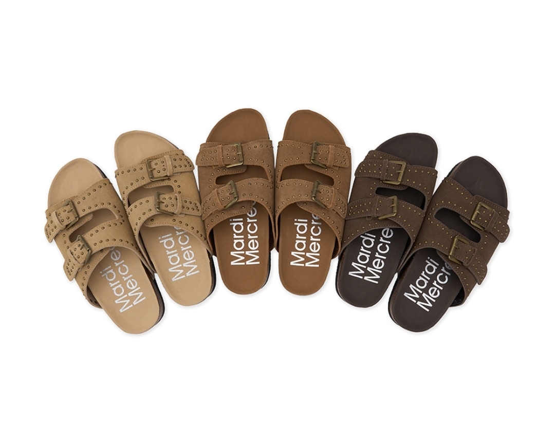 Mardi MercrediSuede Double Strap Buckle Stud Slides 🤎