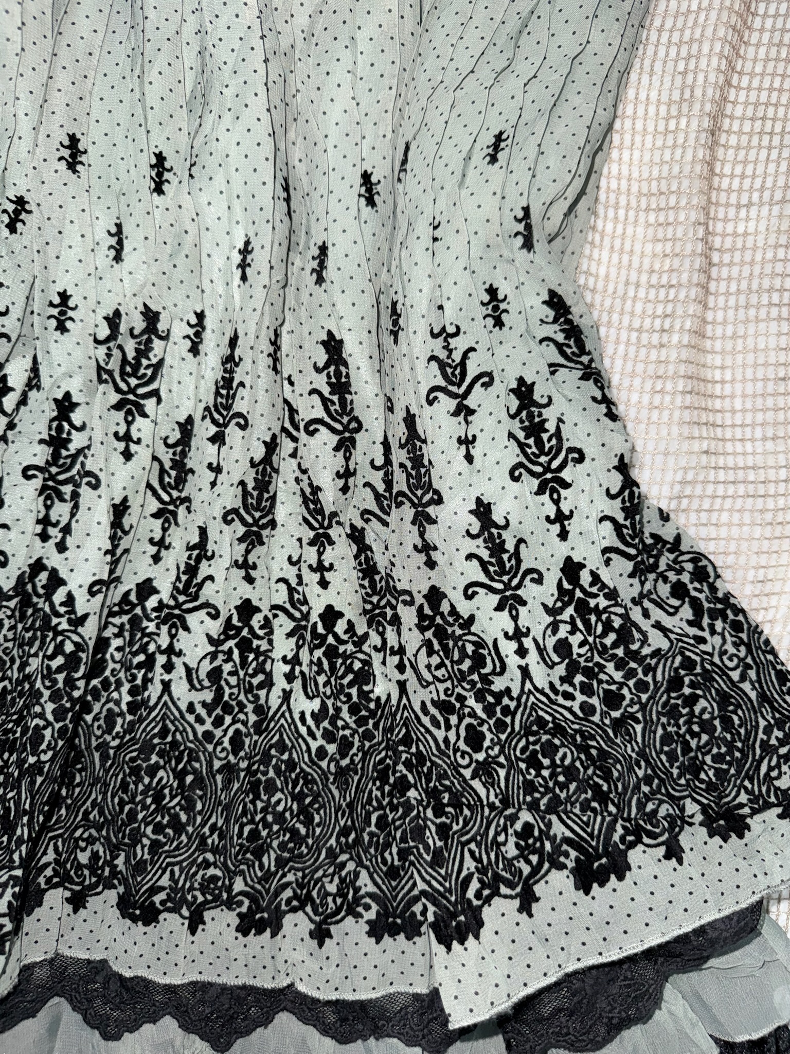 Axes Sage Green Mesh Slip Dress with Black Baroque Print and Tiered Lace Ruffles