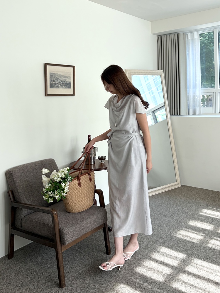 Draped Neck Dress with Inner Slip (Misty Blue)