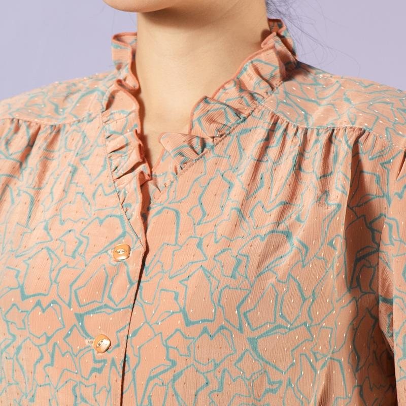 Vintage Japanese Irregular Pattern Ruffle Collar Nude Colour Day Dress / Long Sleeve Vintage Dress (MT1608-115)