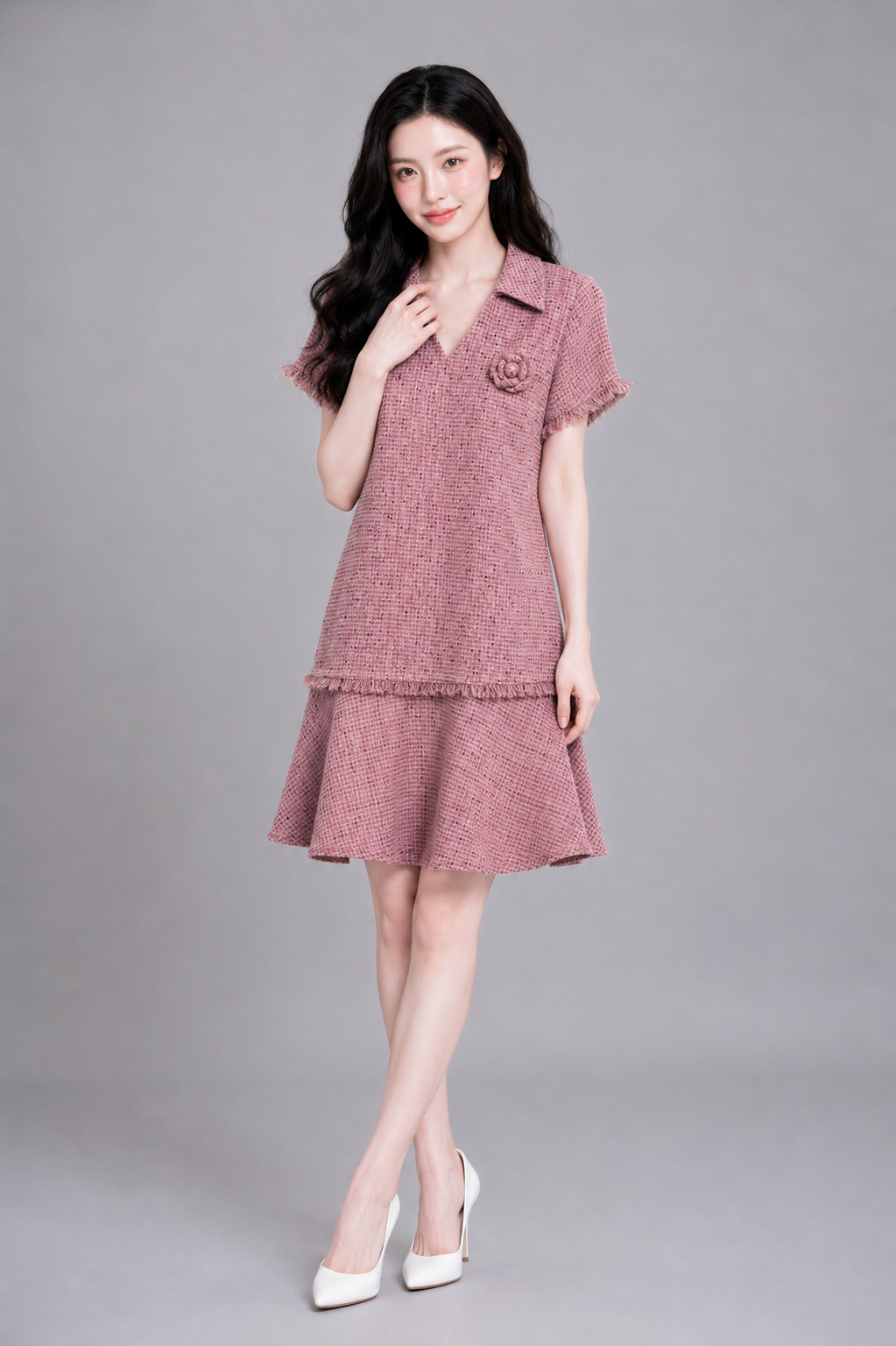 38465 Rosette Tweed Dress