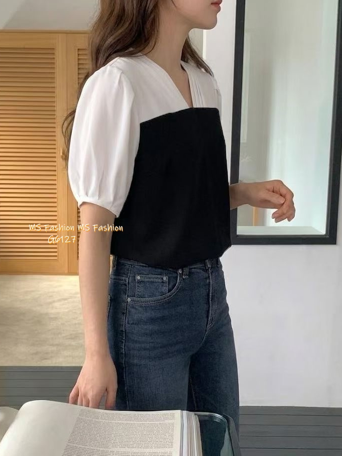 G6127 韓國🇰🇷靚料V領拼色top