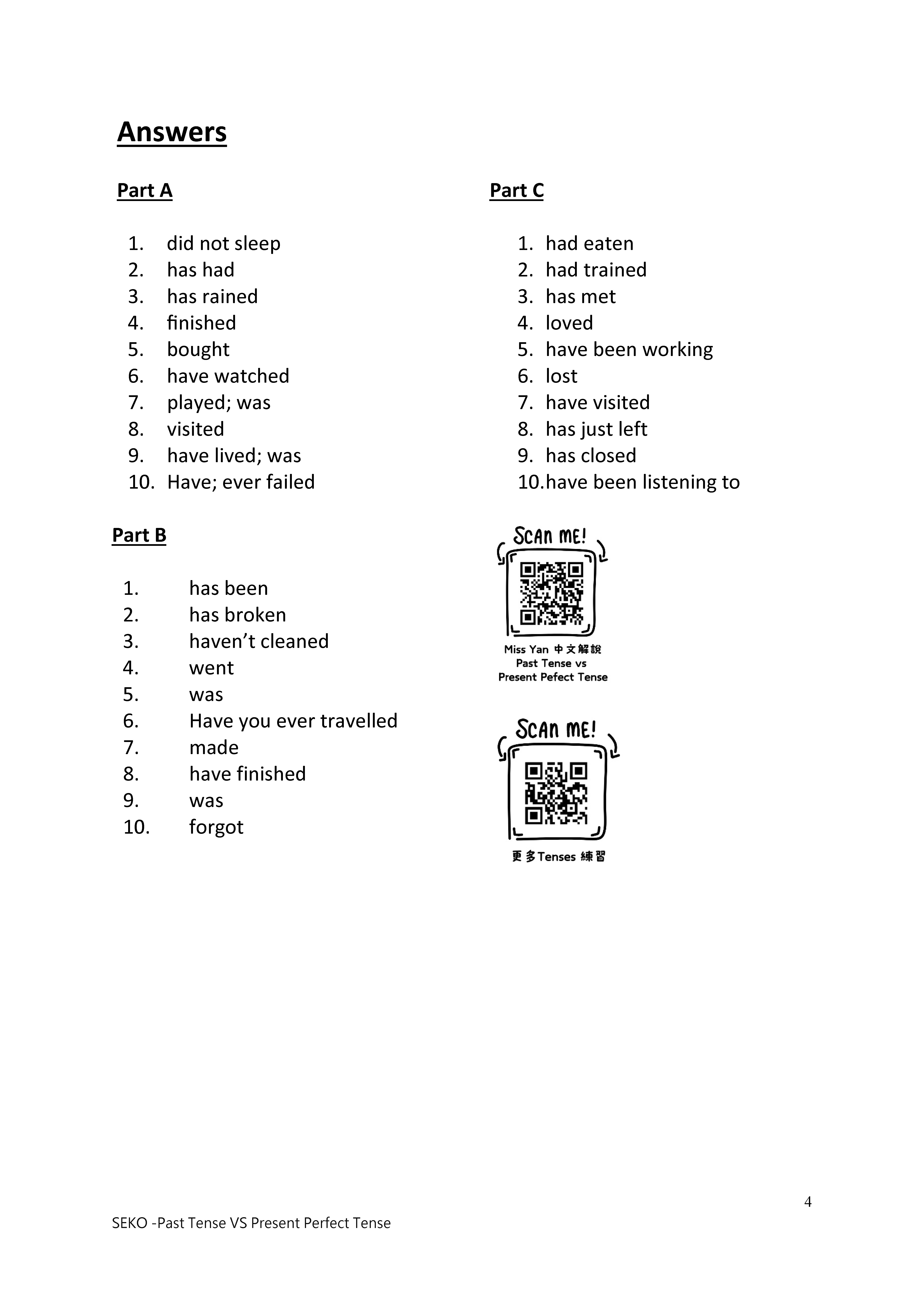 呈分試 Past Tense VS Present Perfect Tense