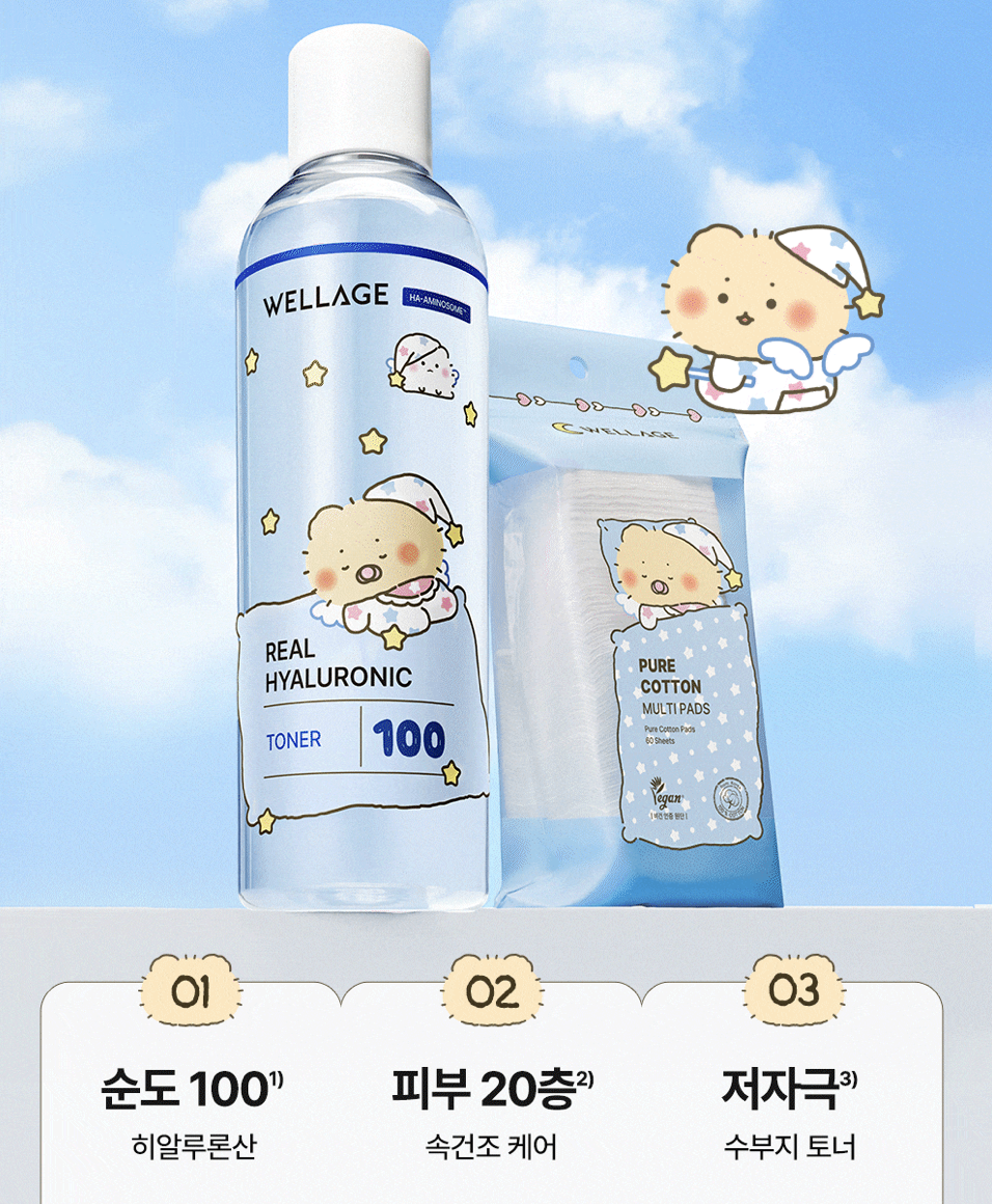 韓國 Wellage x 土豆熊 100%高純度純透明質酸保濕爽膚水 300ml + 60片化裝綿 ｜Real Hyaluronic 100 Toner
