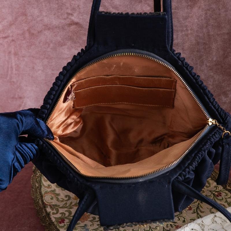Rare! C.a. 1930-1940s Suzanne Rose Embellished Hand Sewn Zipped Blue Fabric Purse Bag from America with Apricot Lining(ZA193)