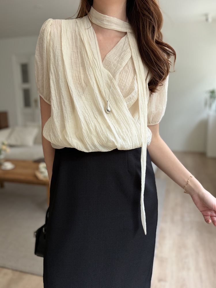 Louise Wrap Blouse with Tie (Cream)