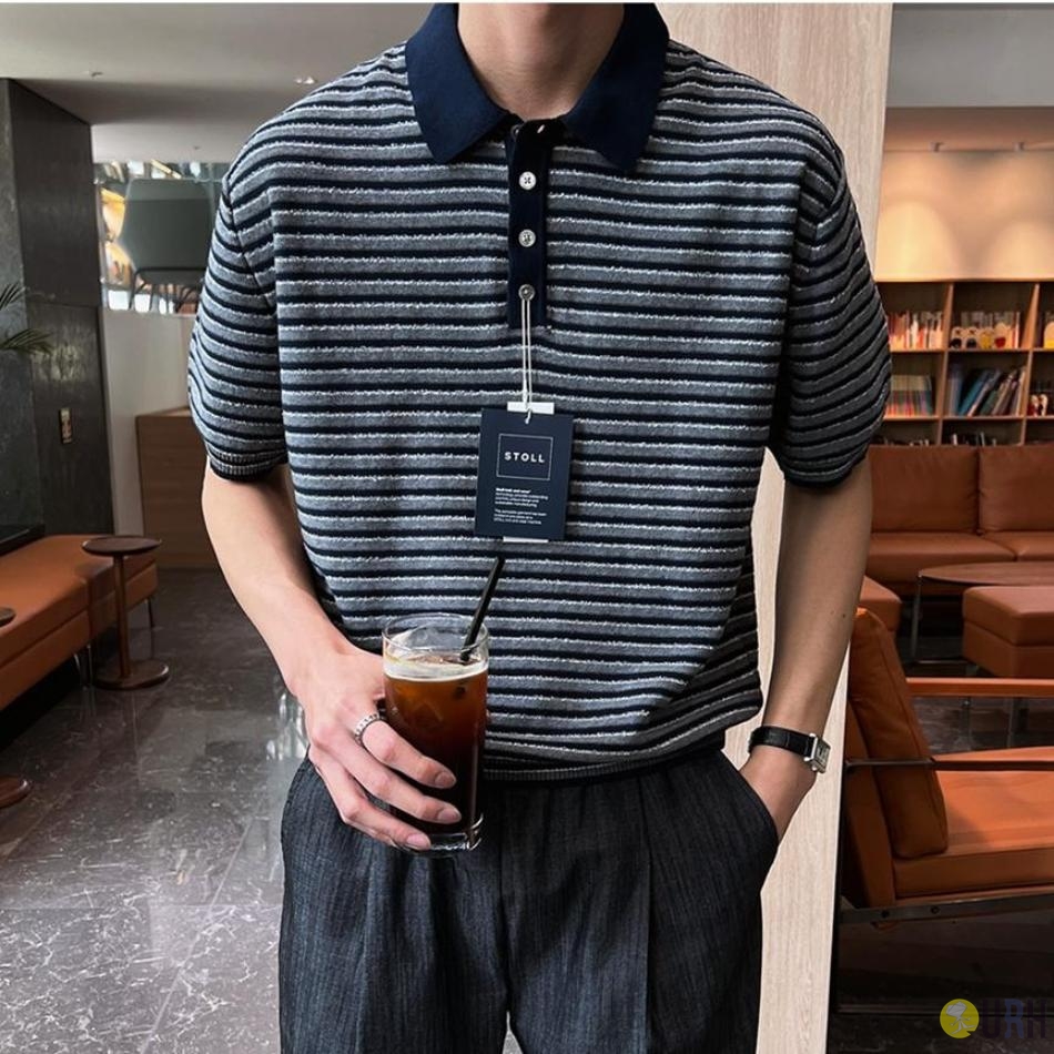 【100%保證韓國直送】Stoll Boucle 復古毛圈紋理條紋針織 Polo 衫 👕 [2 color] RG115868