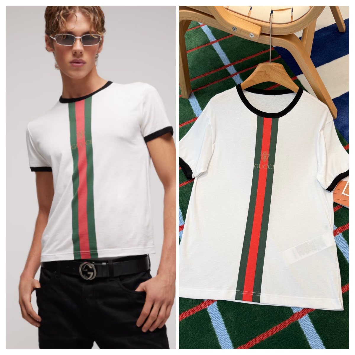 【頂級】GUCCI Cotton jersey T-shirt with print 經典紅綠織帶短袖Tee