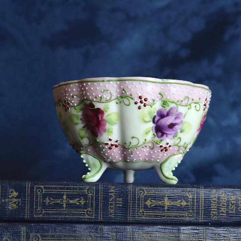 RARE! Antique Pre-Nippon Era Hand-painted floral &Relief Dot Pattern Three-legged Tea Set Duo - Eggshell porcelain(MT1569)