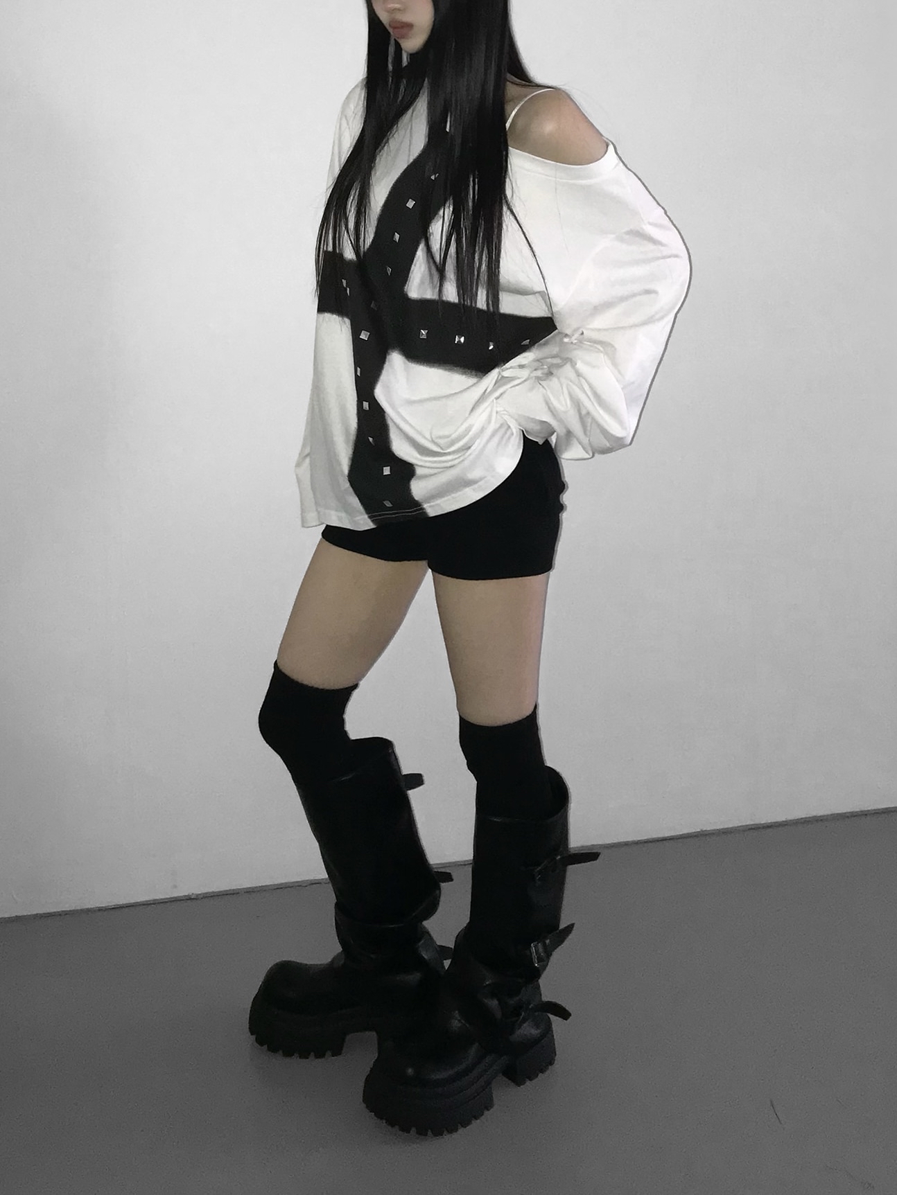 Off-Shoulder Cross Print Studded Long Sleeve