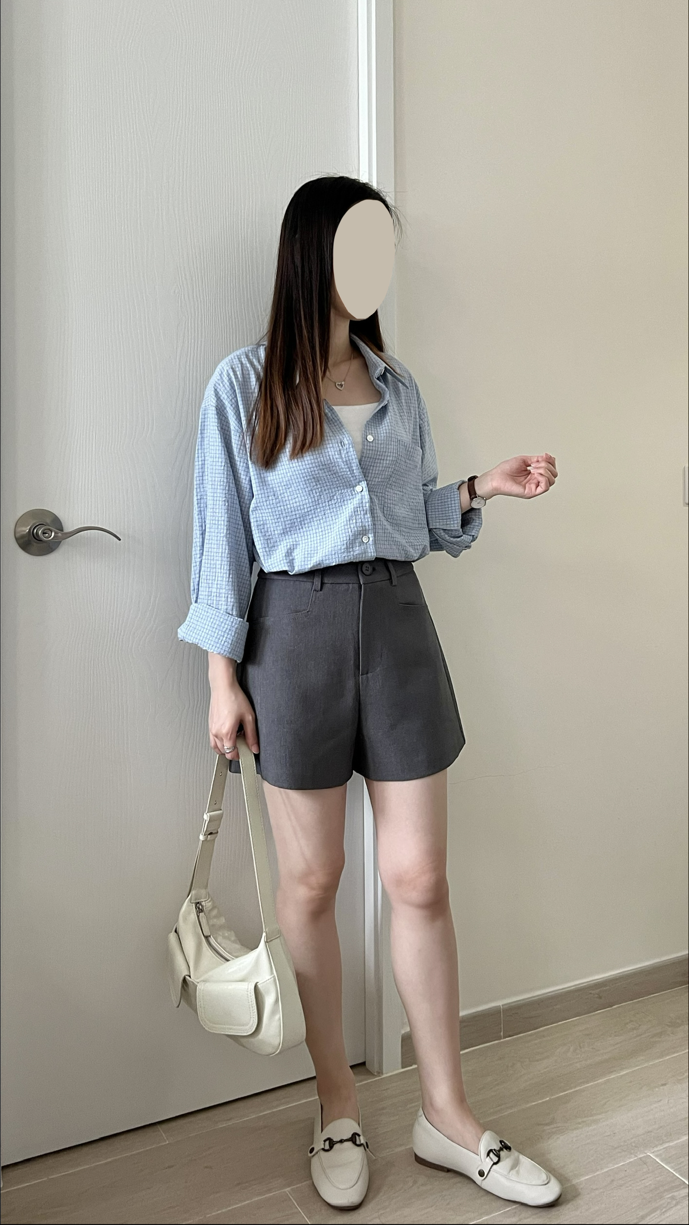 韓風細格紋薄恤衫 