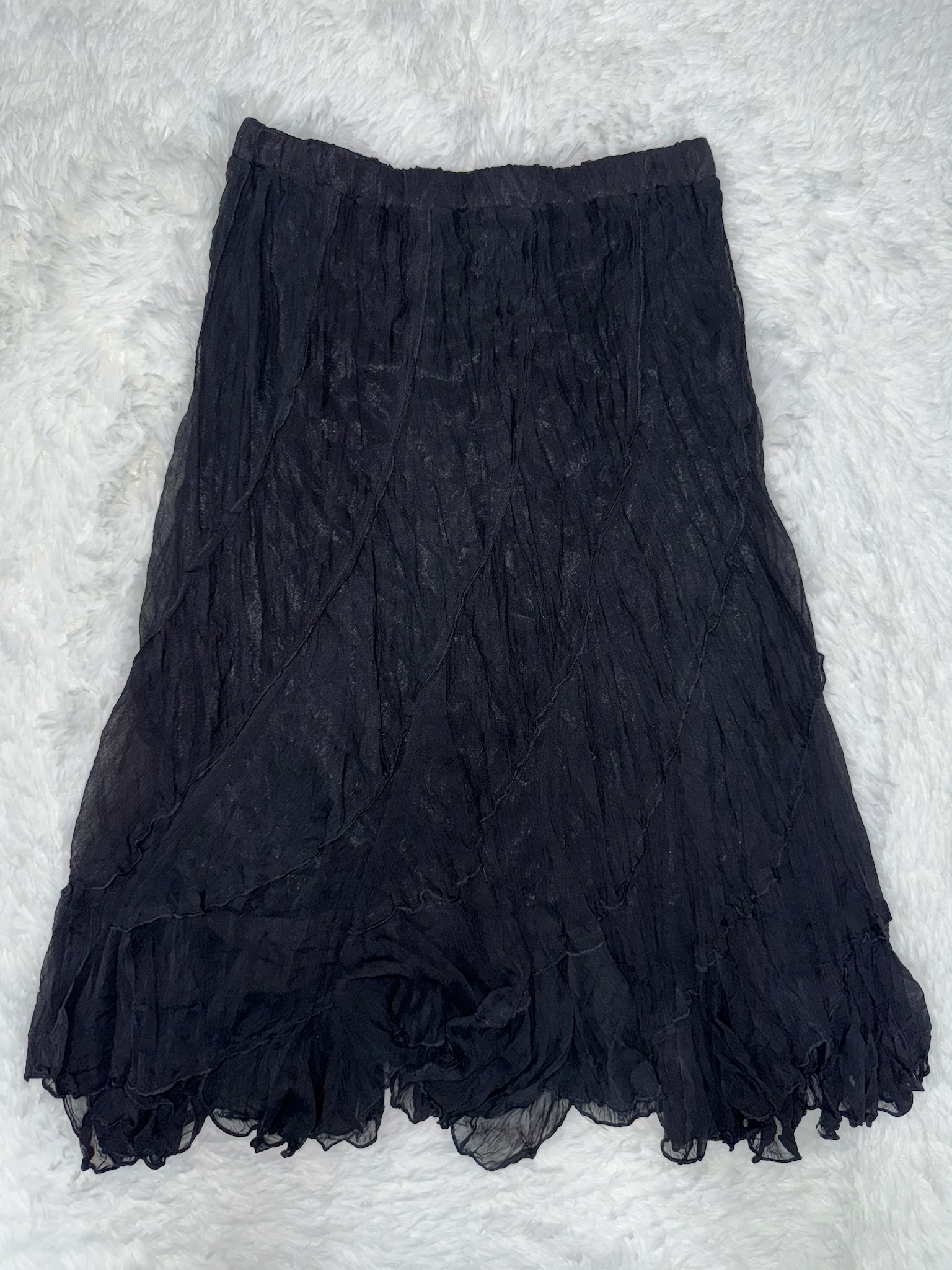 Black Crinkle Ruffle Midi Skirt