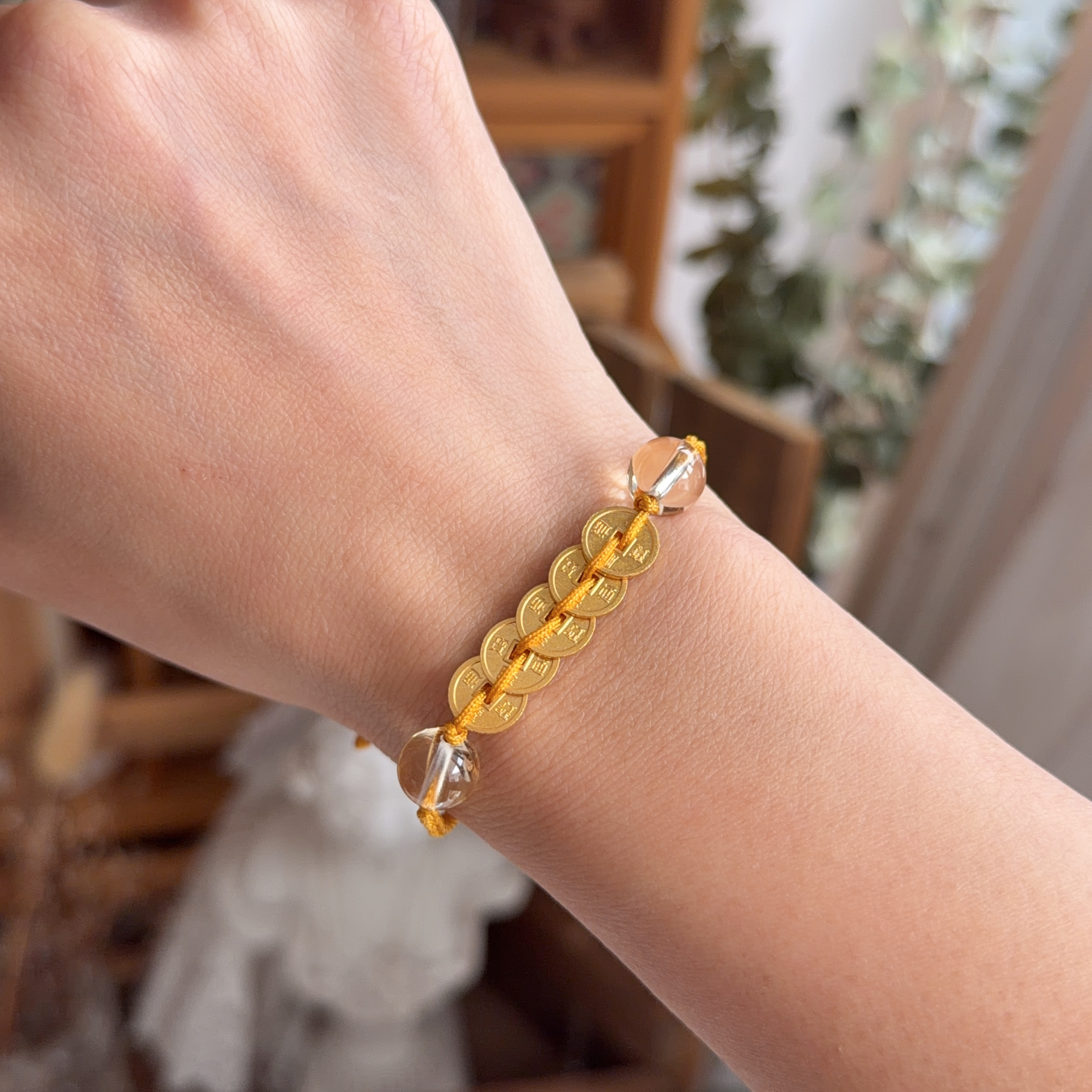 999足金五帝幣+8mm白水晶襯手绳（實心版）