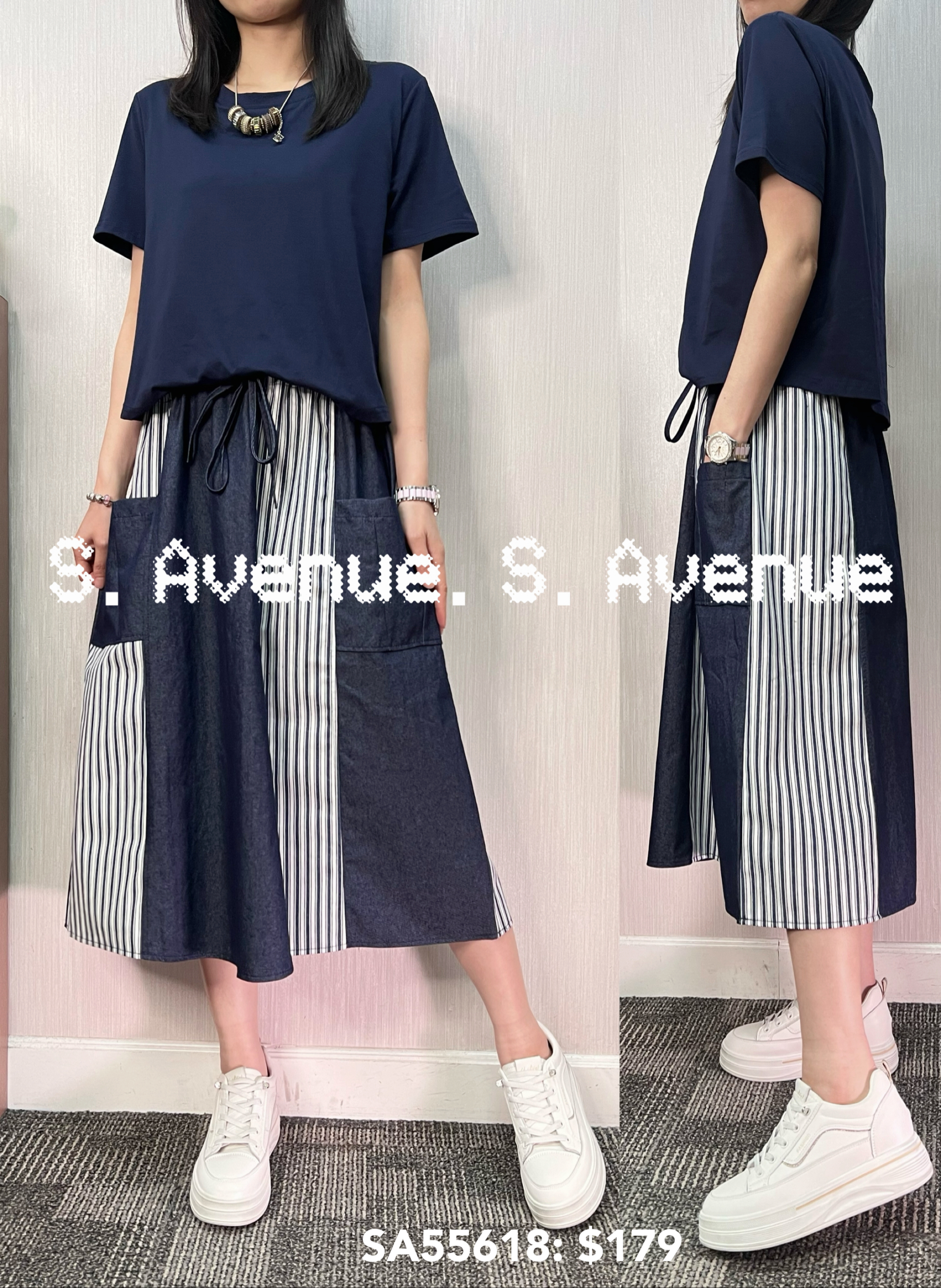 SA55618: 短袖束腰下直條牛仔op