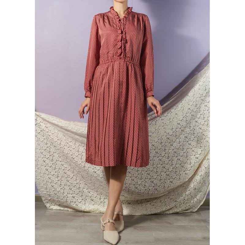 Vintage Japanese Striped Ruffle Trim Elegant Day & Night Pleated Dress (MT1608-143)