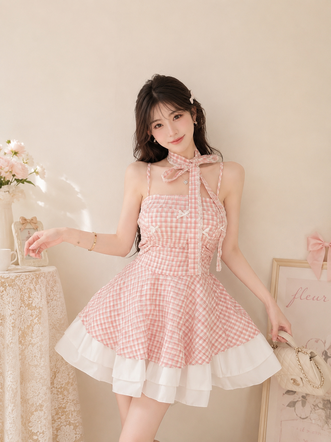 A031149 Sweet Bow Gingham Tiered Mini Dress