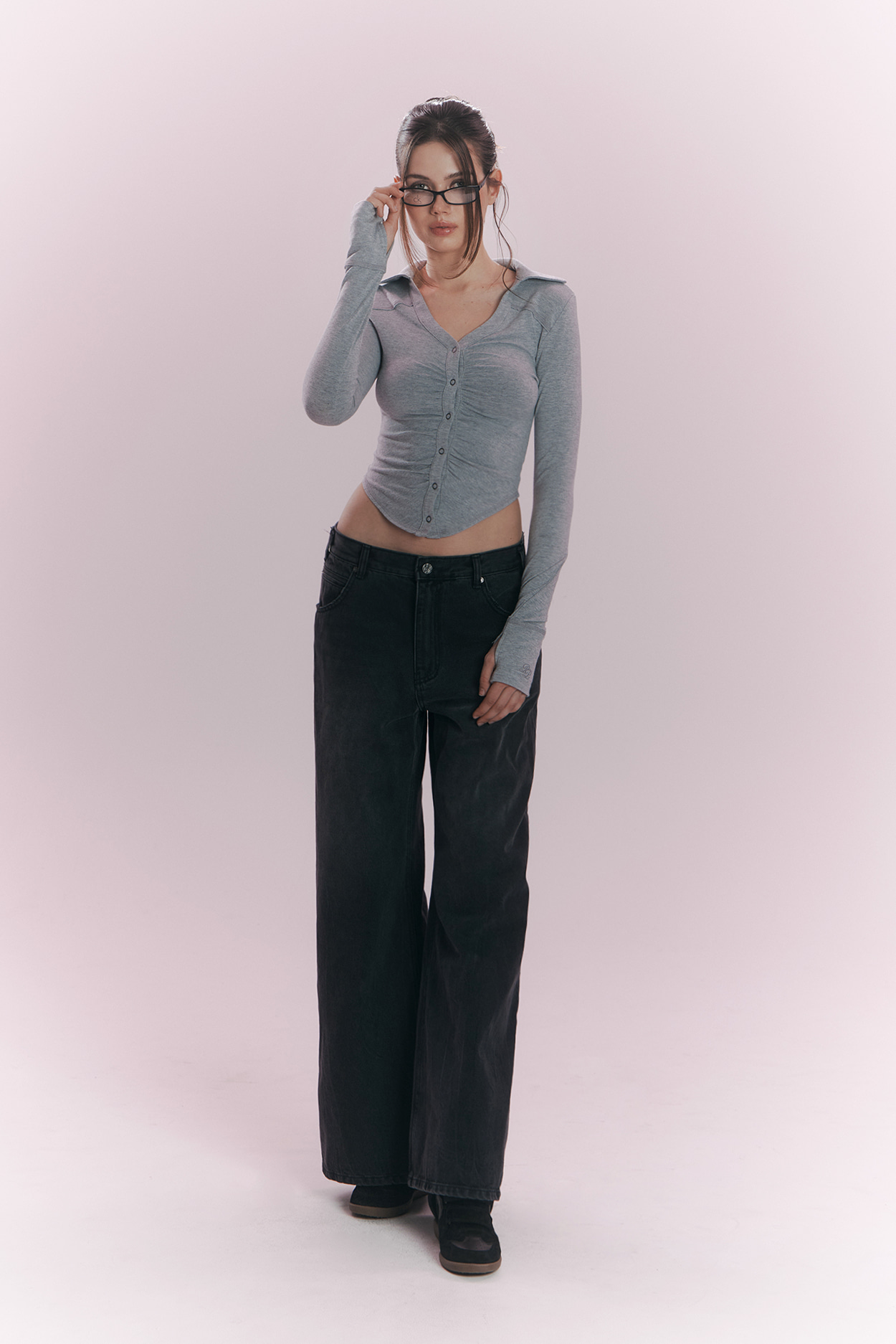pleaseNOFOLLOW - Mamie Snap Button Slim Shirts (Melange Grey)