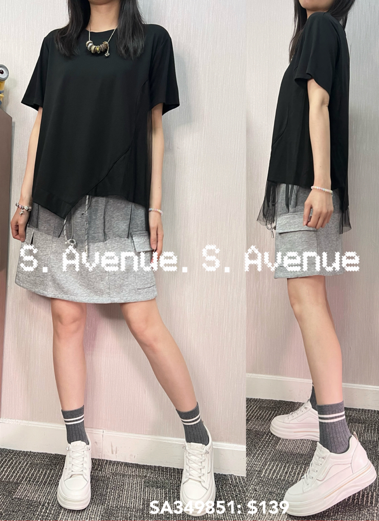 SA349851: 短袖淨色下拼紗tee