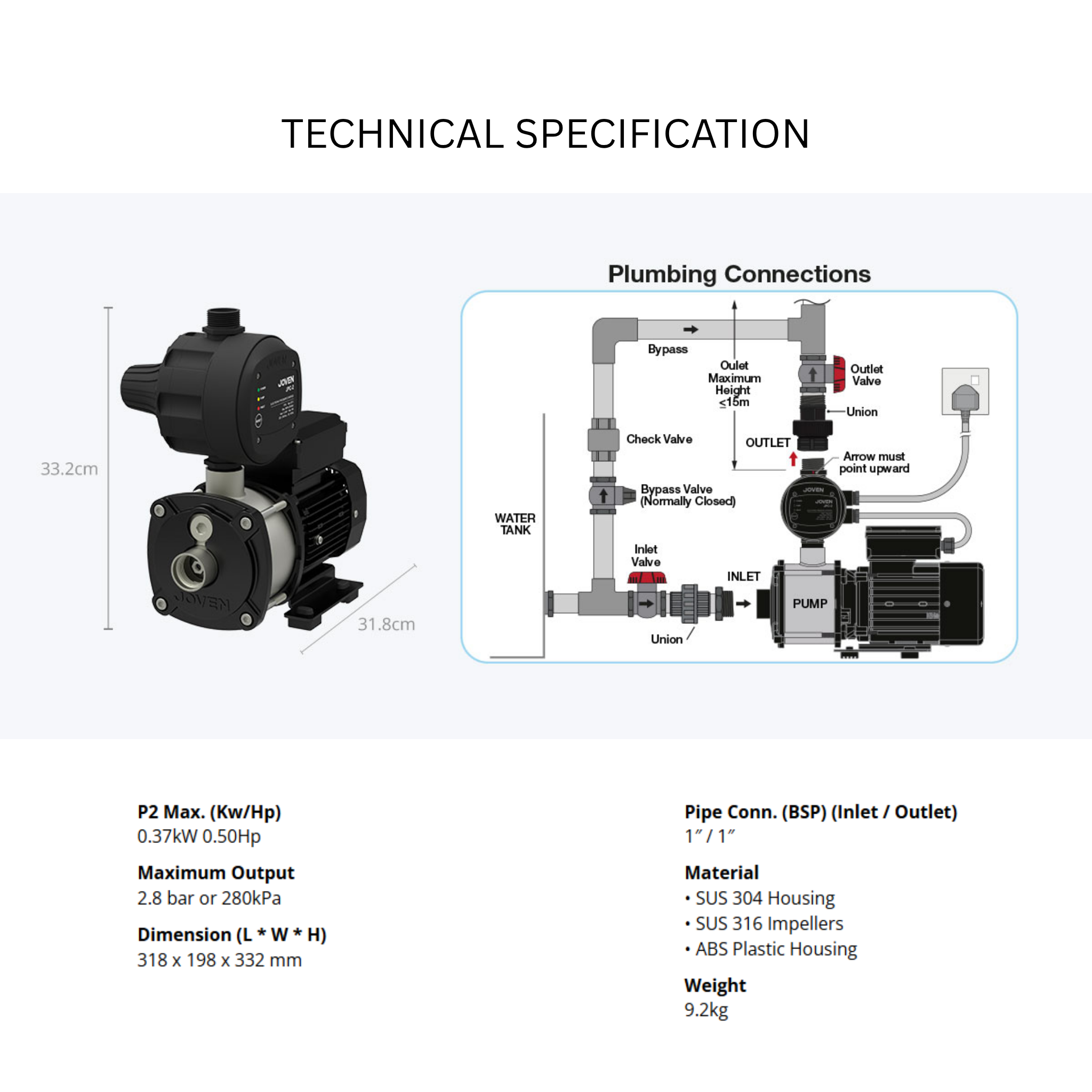 Joven Water Pump 0.5Hp Stainless Steel Automatic Water Pump (JHP 2-30)