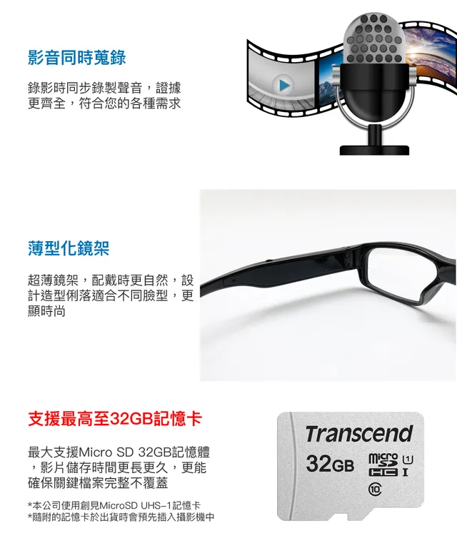 1080P 時尚黑框無孔眼鏡造型微型針孔攝影機(32G)