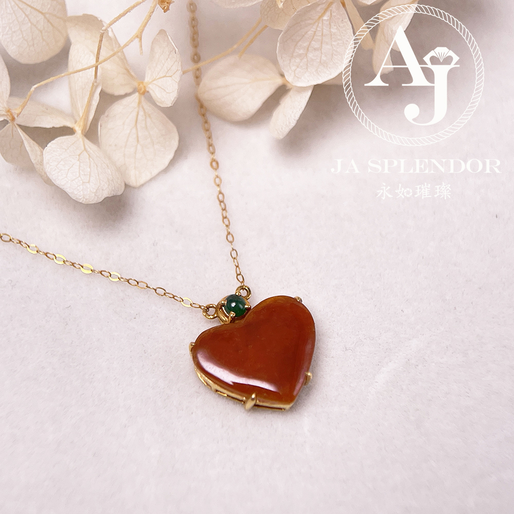 JNk-12 天然翡翠A玉 冰潤紅翡翠心心相印18K金吊墜連項鏈