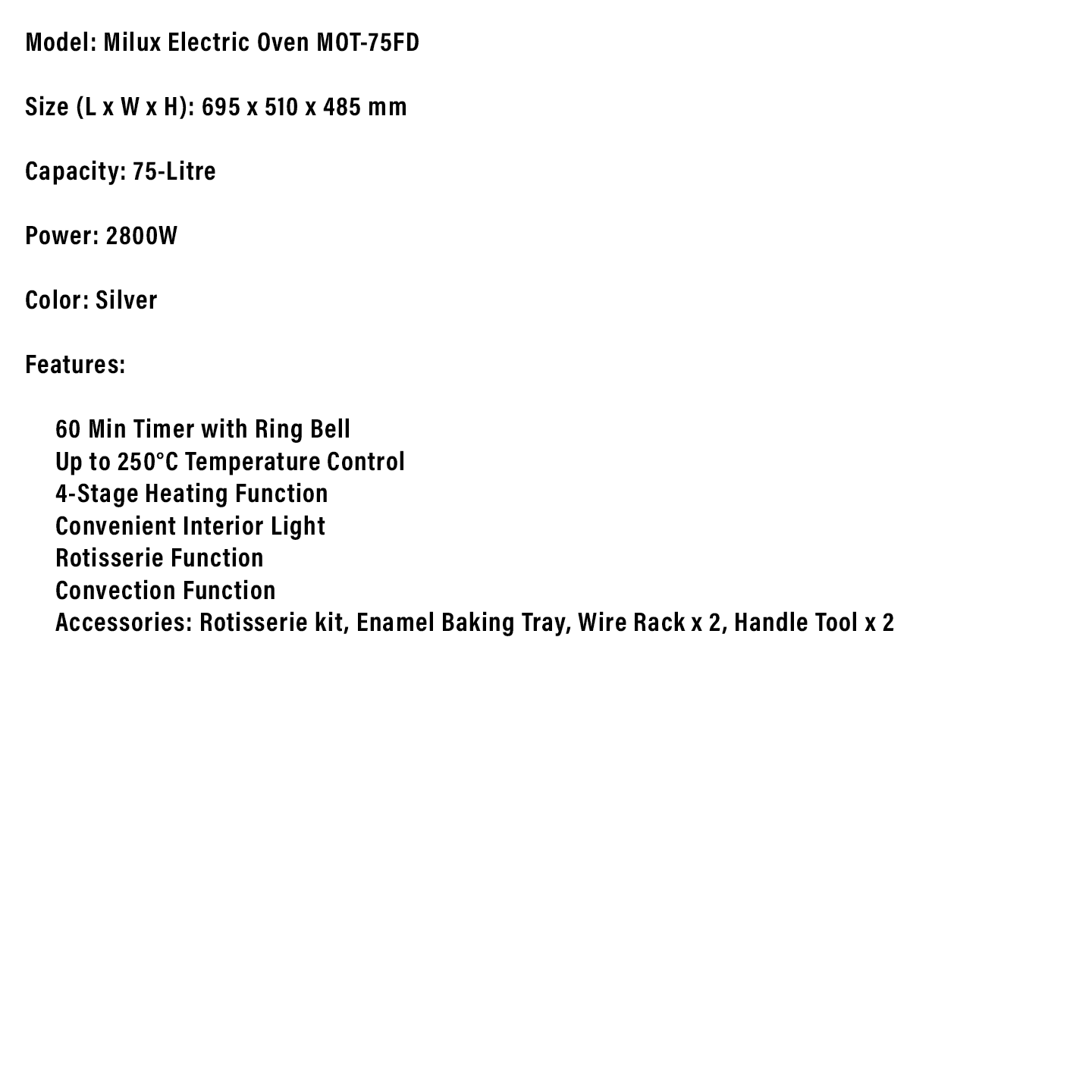 Milux 75L 2800W Electric Oven (MOT-75FD)