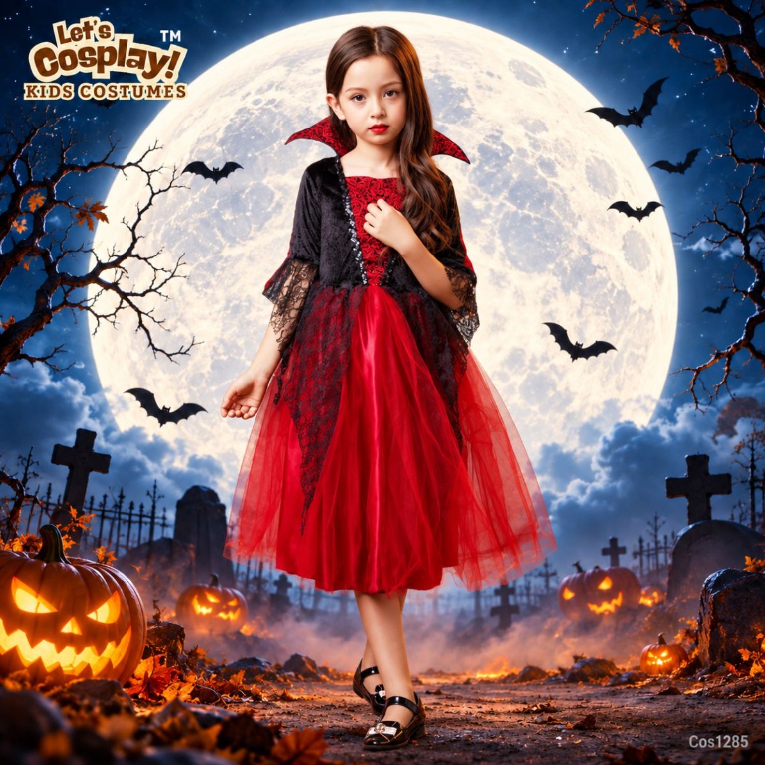 女童吸血鬼萬聖節服裝 Kids Vampire Costume 紅黑角色扮演 Lets Cosplay COS1285