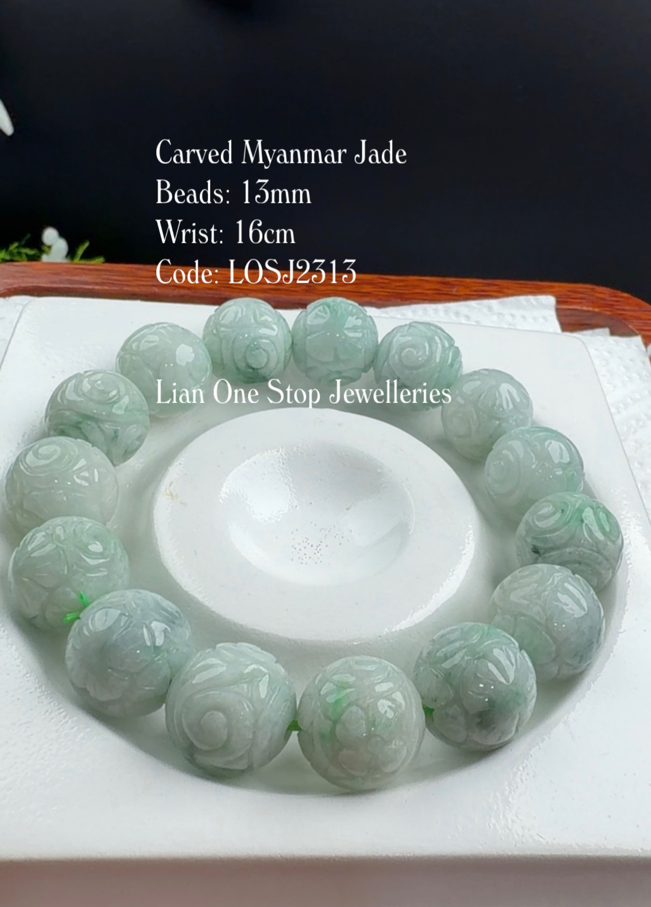 Code: LOSJ2313 Carved Myanmar Jade 13mm